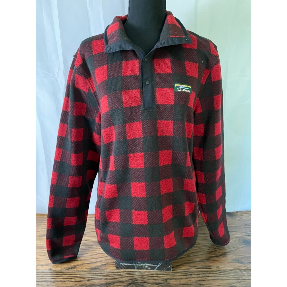 L.L. BEAN Buffalo Plaid Fleece Pullover Red Black Snap Collar Unisex Sz‎ M